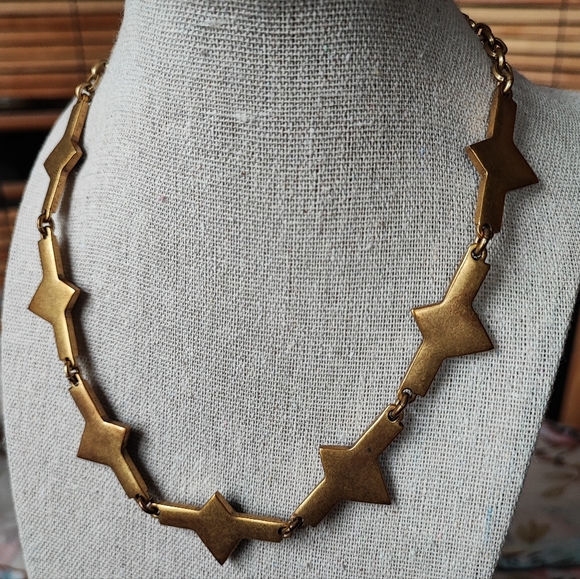J. Crew Art Deco Revival Oxidized Brass Blue Tone Stone Statement Necklace EUC - Picture 3 of 8